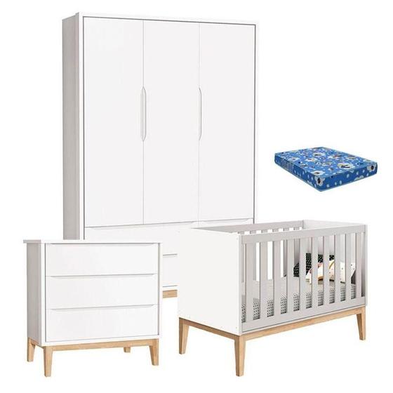 Imagem de Quarto De Bebê Classic 3 Portas Com Colchão E Cômoda Gaveteiro Branco Pés Madeira Natural - Reller