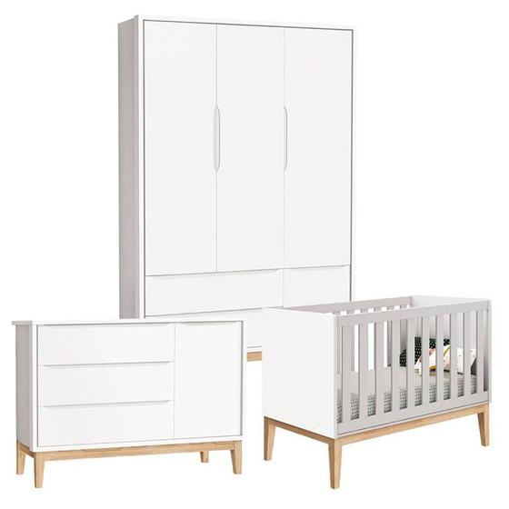 Imagem de Quarto de Bebê Classic 3 Portas Cômoda com Porta Branco com Pés Madeira Natural - Reller