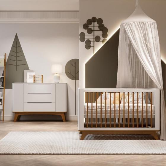 Imagem de Quarto de Bebê com Berço 2 em 1 e Cômoda Sambalelê Branco Acetinado/Mel