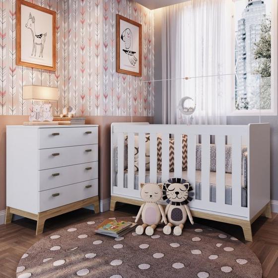 Imagem de Quarto de Bebê com Berço 3 em 1 86x136,6x68cm e Cômoda 4 Gavetas Favo de Mel