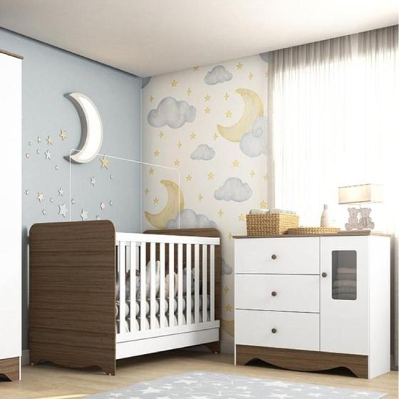 Imagem de Quarto de Bebê com Berço Americano 3 em 1 e Cômoda 1 Porta com Janela Ben Móveis Peroba Branco Brilho/Carvalho