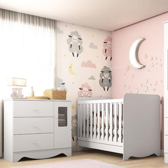 Imagem de Quarto de Bebê com Berço Americano 3 em 1 e Cômoda 1 Porta com Janela Ben Móveis Peroba Branco Brilho 