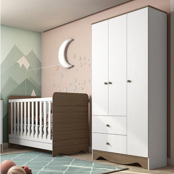 Imagem de Quarto de Bebê com Berço Americano 3 em 1 e Guarda Roupa 3 Portas 2 Gavetas Ben Móveis Peroba