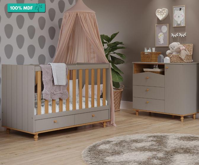 Imagem de Quarto de Bebê com Berço Candy e Cômoda 1 Porta 3 Gavetas Casinha Permobili Fendi/Nature