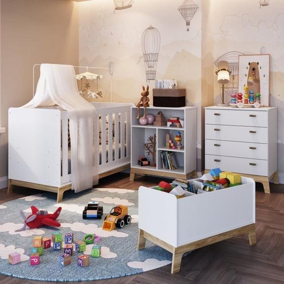 Imagem de Quarto de Bebê com Berço Cômoda Estante com Nichos e Caixa de Brinquedos Favo de Mel