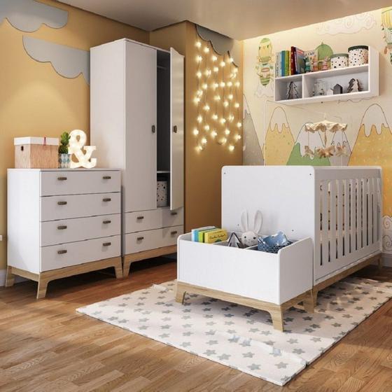 Imagem de Quarto de Bebê com Berço Cômoda Guarda Roupas Nicho e Caixa Organizadora Favo de Mel