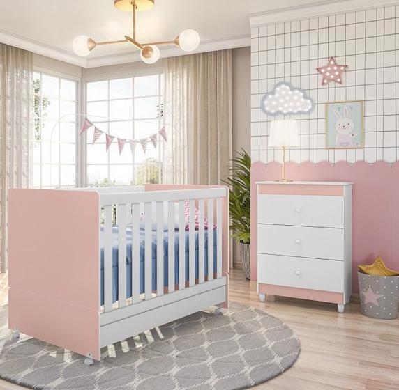 Imagem de Quarto de Bebe com Berço e Cômoda Rose Branco Com Colchão New Diamante - Peternella