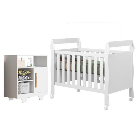 Imagem de Quarto de Bebê com Berço Mini Cama 3 em 1 Soninho e Cômoda 100% Mdf 1 Porta 3 Prateleiras Flocos