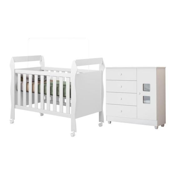 Imagem de Quarto de Bebê com Berço Mini Cama 3 em 1 Soninho e Cômoda 100% Mdf 1 Porta 4 Gavetas Life
