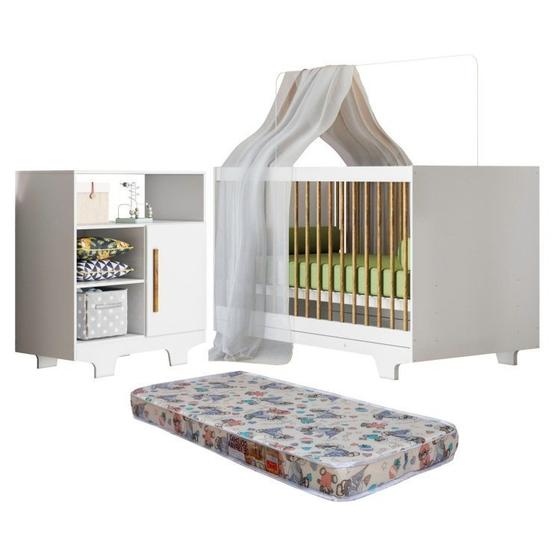 Imagem de Quarto de Bebê com Berço Mini Cama com Colchão Flocos e Cômoda 100% Mdf 1 Porta 3 Prateleiras Flocos