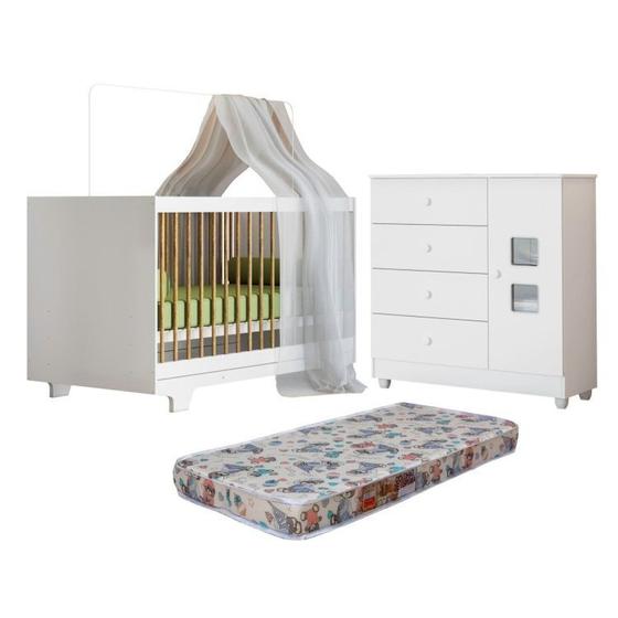 Imagem de Quarto de Bebê com Berço Mini Cama com Colchão Flocos e Cômoda 100% Mdf 1 Porta 4 Gavetas Life Branco