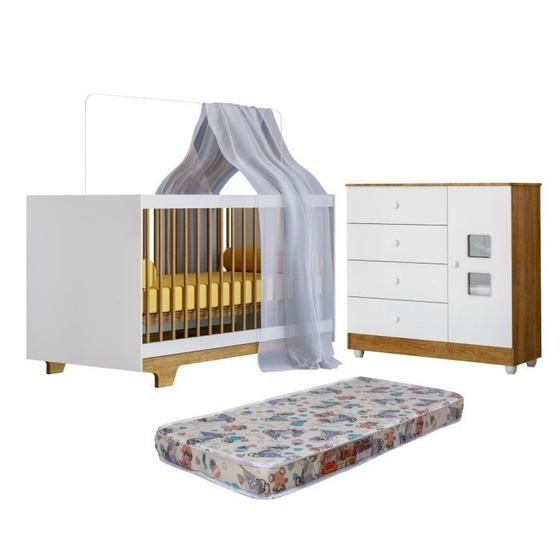 Imagem de Quarto de Bebê com Berço Mini Cama com Colchão Flocos e Cômoda 100% Mdf 1 Porta 4 Gavetas Life