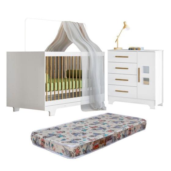 Imagem de Quarto de Bebê com Berço Mini Cama com Colchão Flocos e Cômoda 4 Gavetas 1 Porta Fly 100% Mdf Branco