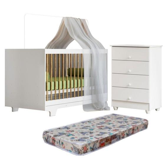 Imagem de Quarto de Bebê com Berço Mini Cama com Colchão Flocos e Cômoda de Bebê 100% Mdf 4 Gavetas Soft Life