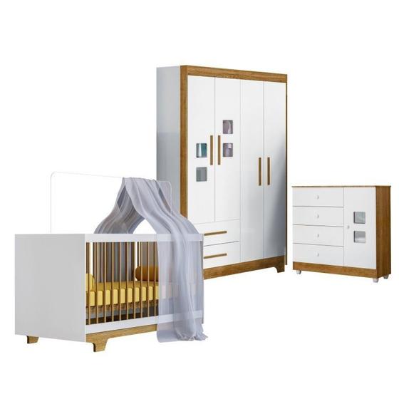 Imagem de Quarto de Bebê com Berço Mini Cama, Cômoda 1 Porta 4 Gavetas e Roupeiro 4 Portas 2 Gavetas Fly
