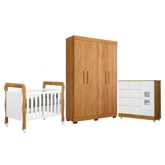 Imagem de Quarto de Bebê com Berço Mini Cama, Cômoda 1 Porta 4 Gavetas e Roupeiro 4 Portas 3 Gavetas 100% Mdf