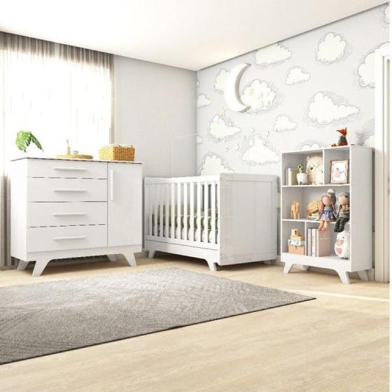 Imagem de Quarto de Bebê com Berço Mini Cama Cômoda e Estante 5 Nichos Kakau Retrô Espresso Móveis Branco
