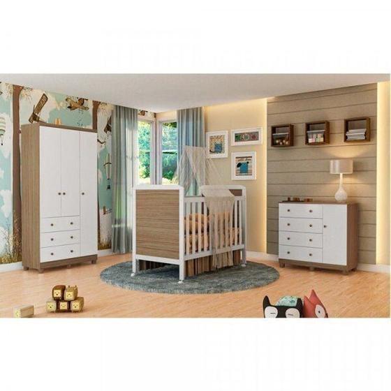 Imagem de Quarto de Bebê com Berço Mini Cama Guarda-Roupa 3 Portas e Cômoda Sapateira Ciranda