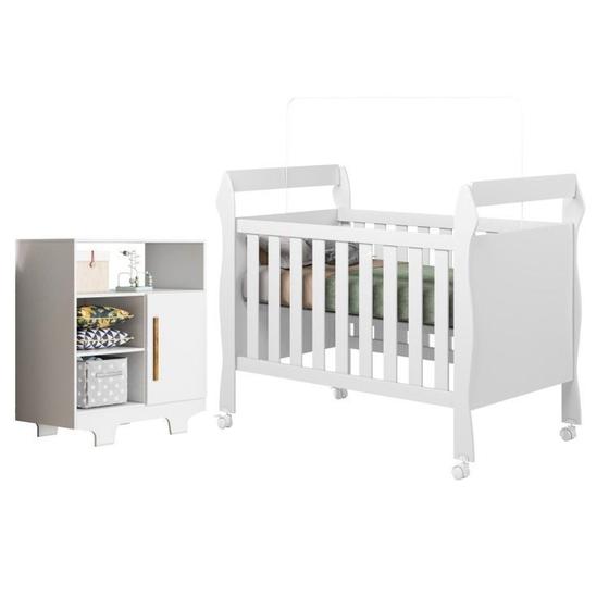 Imagem de Quarto de Bebê com Berço Mini Cama Slim e Cômoda Infantil 100% Mdf 1 Porta 3 Prateleiras Flocos Branco