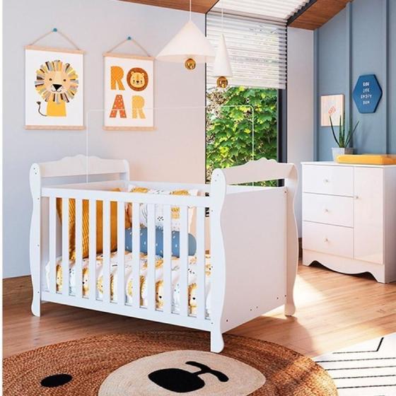 Imagem de Quarto de Bebê com Cômoda 1 Porta e Berço Americano Cocada Espresso Móveis Branco Brilho