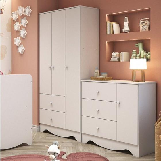 Imagem de Quarto de Bebê com Cômoda 3 Gavetas e Guarda Roupa 3 Portas Pirueta