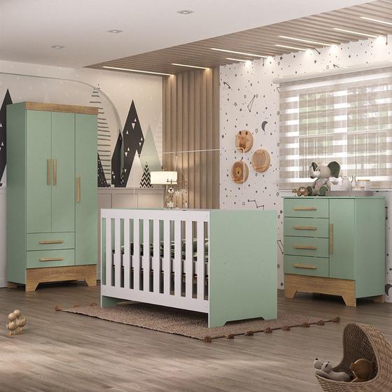 Imagem de Quarto de Bebê com Guarda Roupa 3 Porta 2 Gavetas Cômoda 4 Gavetas 1 Porta e Berço 3 em 1 Catavento Maya Rodial