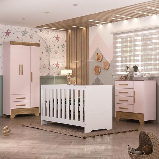 Imagem de Quarto de Bebê com Guarda Roupa 3 Porta 2 Gavetas Cômoda 4 Gavetas 1 Porta e Berço 3 em 1 Catavento Maya Rodial