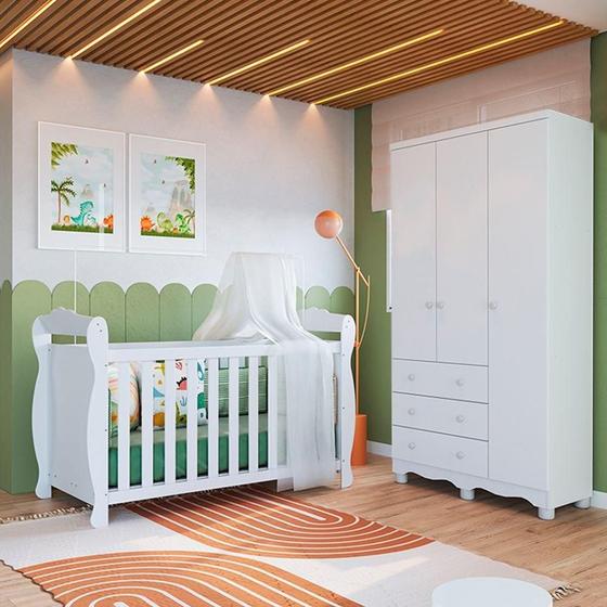 Imagem de Quarto de Bebê com Guarda Roupa 3 Portas 3 Gavetas e Berço Mini Cama Nina 100% MDF Espresso Móveis Branco Brilho