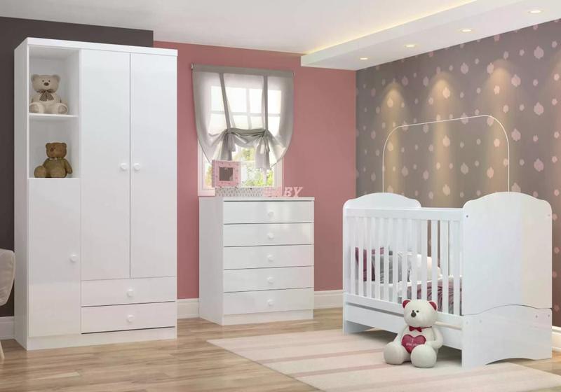 Imagem de Quarto de Bebê com Guarda Roupa 3 Portas Cômoda e Berço Faz de Conta Espresso Móveis Branco/Branco/Rosa