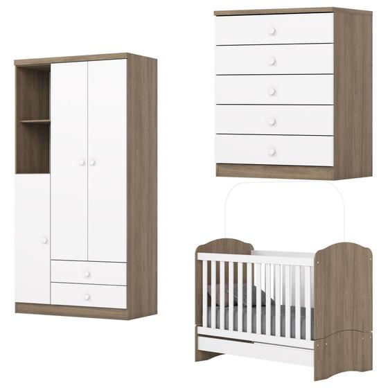 Quarto de Bebê com Guarda-Roupa 3 Portas Cômoda e Berço Faz de Conta Espresso Móveis Branco/Rústico Imagem de Quarto de Bebê com Guarda-Roupa 3 Portas Cômoda e Berço Faz de Conta Espresso Móveis Branco/Rústico