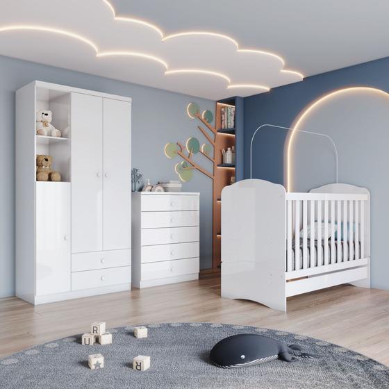 Imagem de Quarto de Bebê com Guarda-Roupa 3 Portas Cômoda e Berço Faz de Conta Espresso Móveis