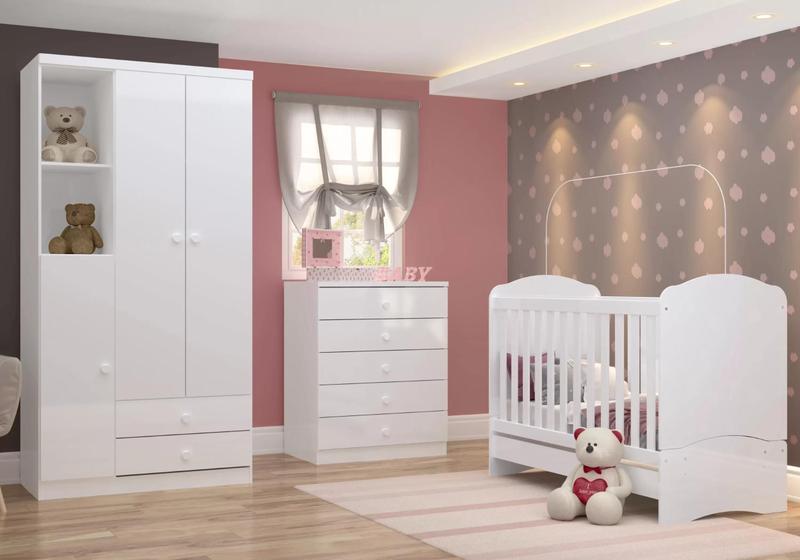 Imagem de Quarto de Bebê com Guarda-Roupa 3 Portas Cômoda e Berço Faz de Conta Espresso Móveis