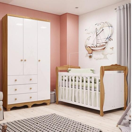 Imagem de Quarto de Bebê com Guarda-roupa 3 Portas e Berço Americano Nina 100% Mdf Espresso Móveis Branco Brilho/Amêndoa