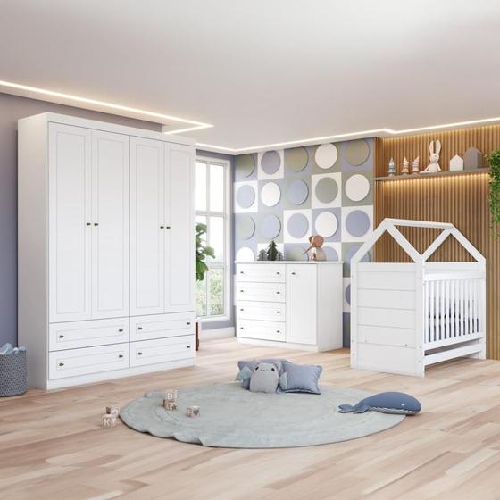 Imagem de Quarto de Bebê com Guarda Roupa 4 Portas 1 Cômoda e 1 Berço Mini Cama Estilo Americano Nova York Espresso Móveis Branco HP