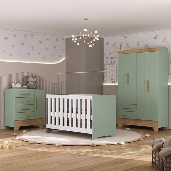 Imagem de Quarto de Bebê com Guarda Roupa 4 Portas 2 Gavetas Cômoda 4 Gavetas 1 Porta e Berço 3 em 1 Catavento Maya Rodial
