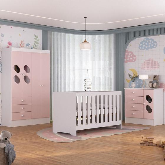 Imagem de Quarto de Bebê com Guarda Roupa 4 Portas 3 Gavetas Cômoda 4 Gavetas 1 Porta com Janela e Berço 3 em 1  Maya Rodial