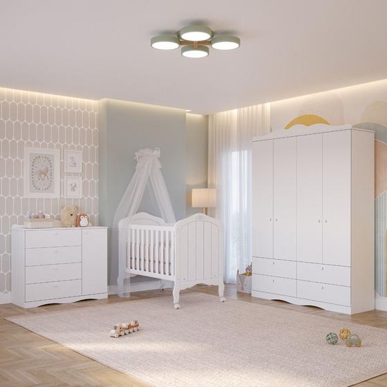 Imagem de Quarto de Bebê com Guarda Roupa 4 Portas Cômoda Berço 2 em 1 100MDF Laura Permobili