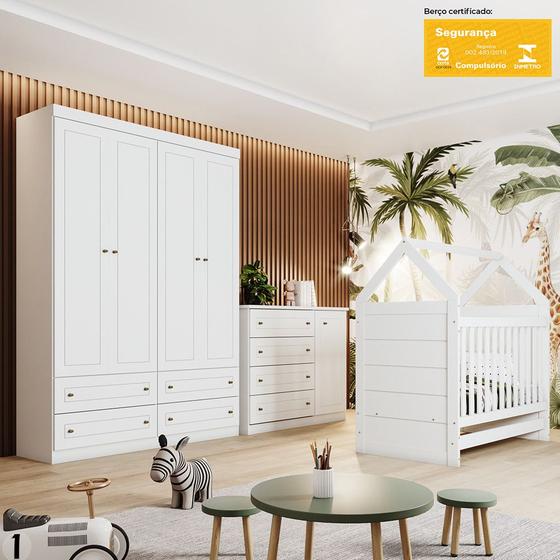 Imagem de Quarto de Bebê com Guarda Roupa 4 Portas Cômoda e Berço Flocos Casa 812