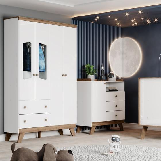 Imagem de Quarto de Bebê com Guarda Roupa 4 Portas e Cômoda 3 Gavetas Lola Henn