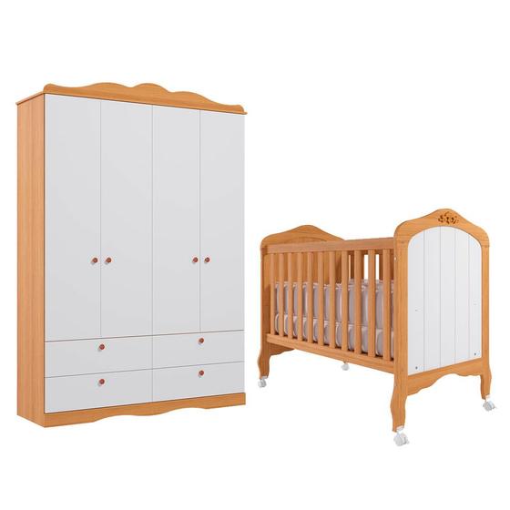 Imagem de Quarto de Bebê com Guarda Roupa 4 Portas Encanto e Berço Harmonia Permóbili Baby Nature/Branco