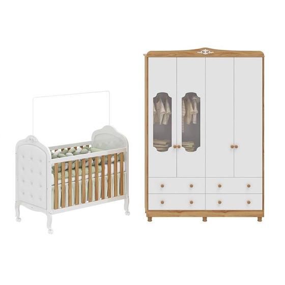 Imagem de Quarto de Bebê com Guarda-roupa com Janelas e Berço com Capitonê Maya Provençal Espresso Móveis Branco Brilho/Amêndoa/Branco