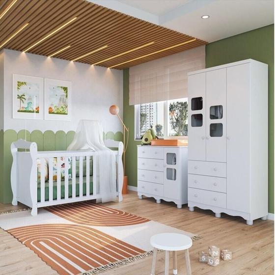 Imagem de Quarto de Bebê com Guarda Roupa e Cômoda com Janelas e Berço Americano Nina 100% Mdf Espresso Móveis Branco Brilho