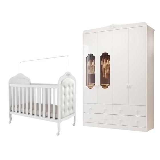Imagem de Quarto de Bebê com Guarda Roupa Janelado Noah e Berço com Capitonê Elô 100% MDF Móveis Peroba Branco Brilho/material sintético Branco