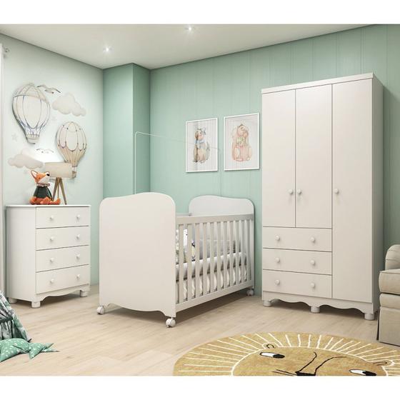 Imagem de Quarto de Bebê com Guarda Roupas 3 Portas Cômoda e Berço com Rodizio Mimo 100% Mdf Espresso Móveis Branco Brilho