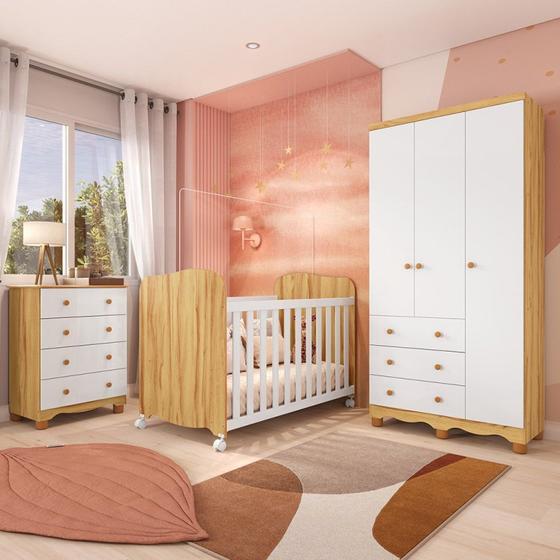 Imagem de Quarto de Bebê com Guarda Roupas 3 Portas Cômoda e Berço com Rodizio Mimo 100% Mdf Espresso Móveis