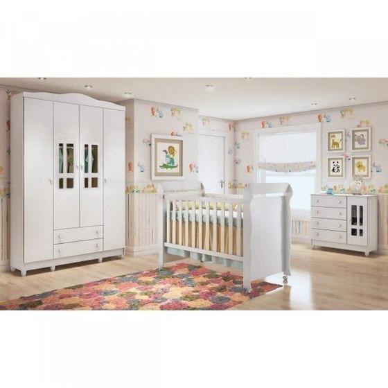 Imagem de Quarto de Bebê com Guarda-Roupas 4 Portas, Cômoda Fraldário e Berço Mini Cama Ariel Mirelle Espresso Branco