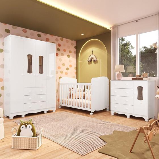 Imagem de Quarto de Bebê com Guarda-Roupas 4 Portas Janeladas Cômoda e Berço 100% MDF Lana Espresso Móveis