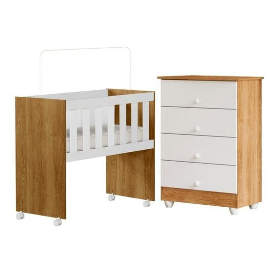 Imagem de Quarto de Bebê com Mini Berço com Colchão 5 em 1 Ariel e Cômoda de Bebê 100% Mdf 4 Gavetas Soft Life Branco/Madeirado Ypê