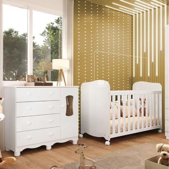 Imagem de Quarto de bebê Cômoda 1 Porta com Janela e 4 Gavetas e Berço Espresso Móveis Branco Brilho