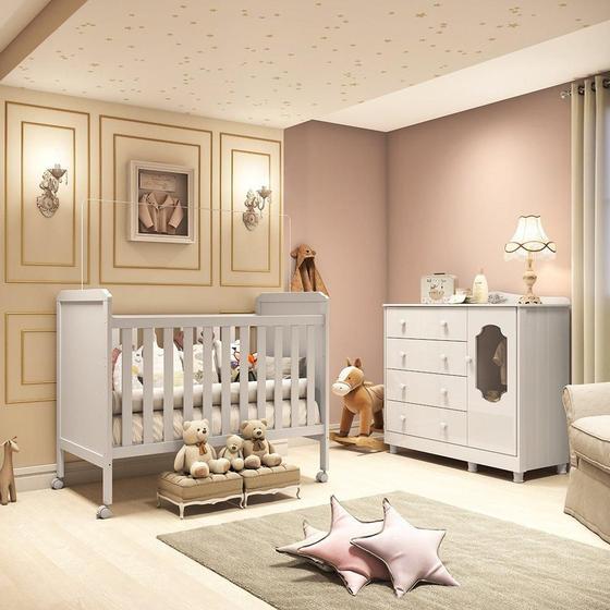 Imagem de Quarto de Bebê Cômoda 1 Porta com Janela e 4 Gavetas e Berço Mateo Provençal 100% MDF Espresso Móveis Branco Brilho